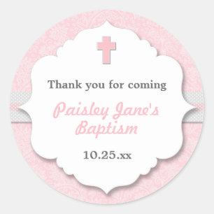 Pink Damask cross girl baptism christening favour Classic Round Sticker