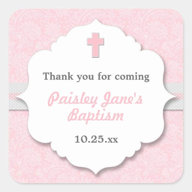 Pink Damask cross girl baptism christening favour Square Sticker (Front)