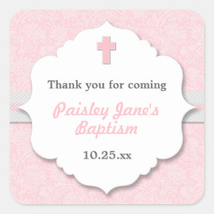 Pink Damask cross girl baptism christening favour Square Sticker