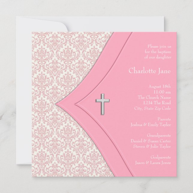 Pink Damask Cross Girl Baptism Christening Invitation (Front)
