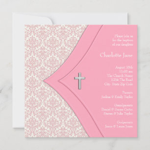 Pink Damask Cross Girl Baptism Christening Invitation