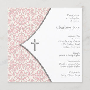 Pink Damask Cross Girls Baptism Christening Invitation