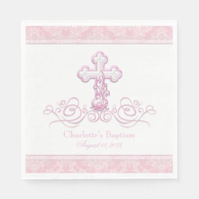 Pink Damask Cross Girls Baptism Communion Napkins (Front)