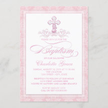 Pink Damask Cross Girls Baptism Invitations