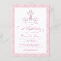 Pink Damask Cross Girls Baptism Invitations