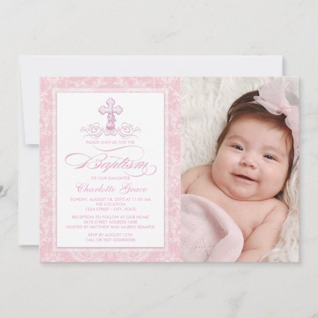 Pink Damask Cross Girls Photo Baptism Invitations (Front)