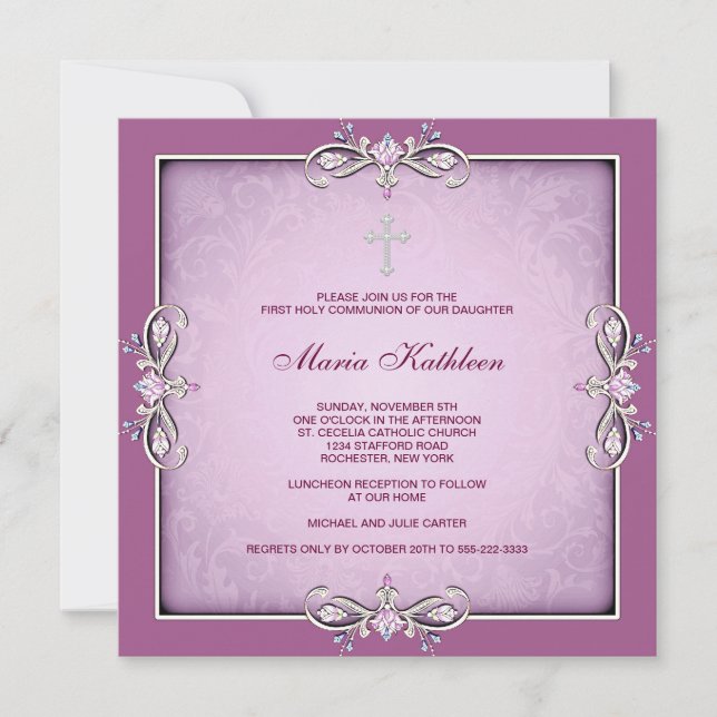 Pink Damask Cross Girls Pink First Communion Invitation (Front)
