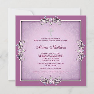 Pink Damask Cross Girls Pink First Communion Invitation