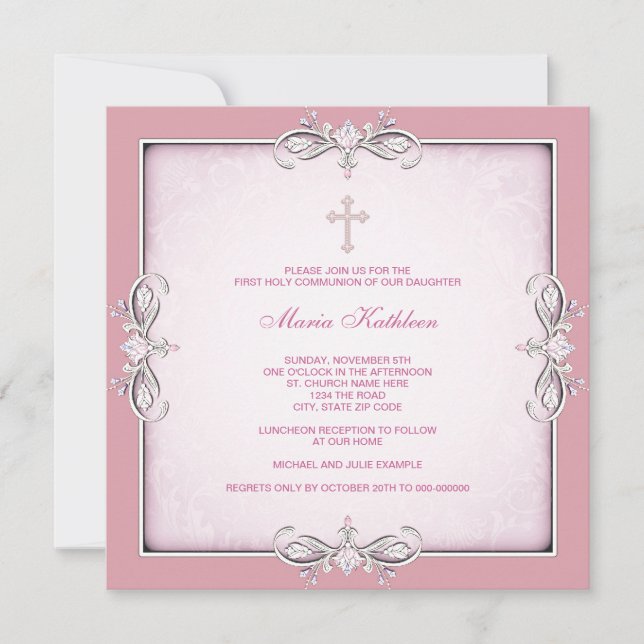 Pink Damask Cross Girls Pink First Communion Invitation (Front)