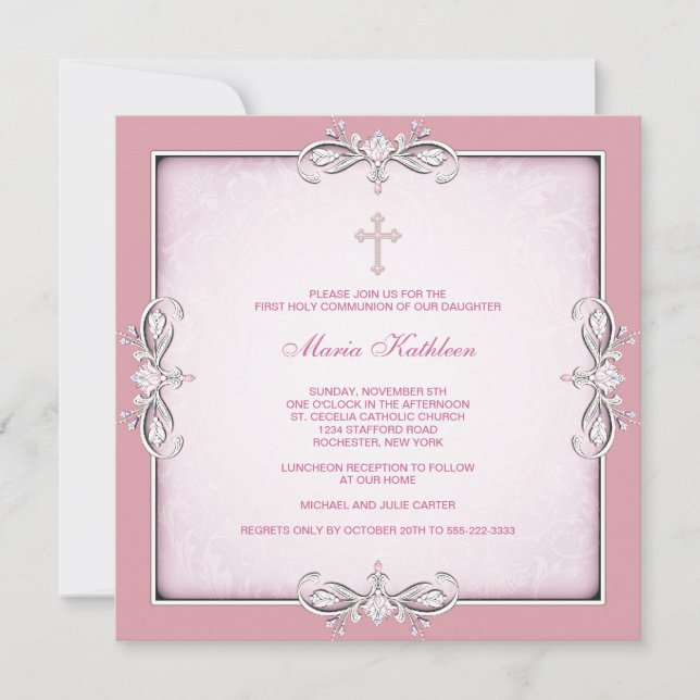 Pink Damask Cross Girls Pink First Communion Invitation (Front)