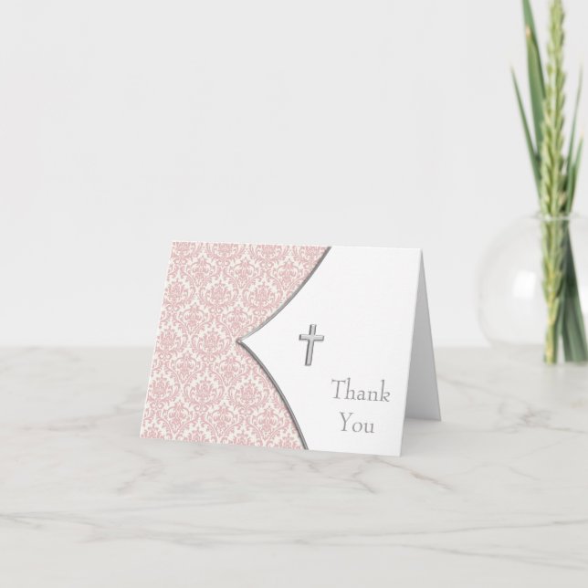 Pink Damask Cross Thank You Cards (Front)