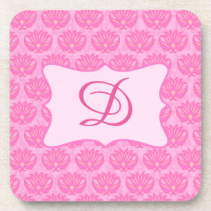 Pink Damask Custom Monogram Initial Coaster