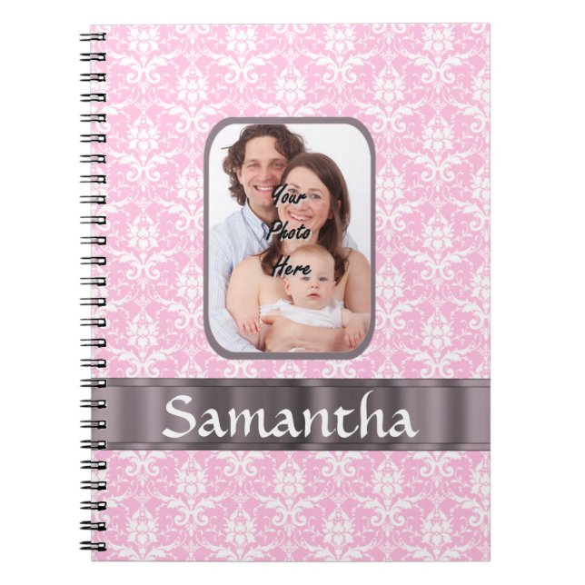 Pink damask custom photo notebook (Front)