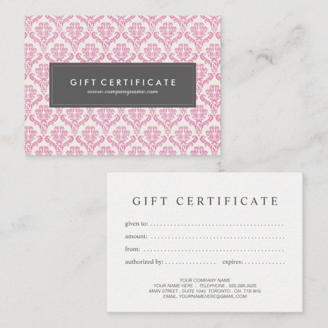 Pink Damask Customisable Gift Certificate (Front/Back)