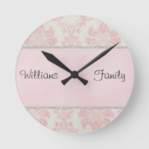Pink Damask Diamonds Round Clock