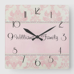 Pink Damask Diamonds Square Wall Clock