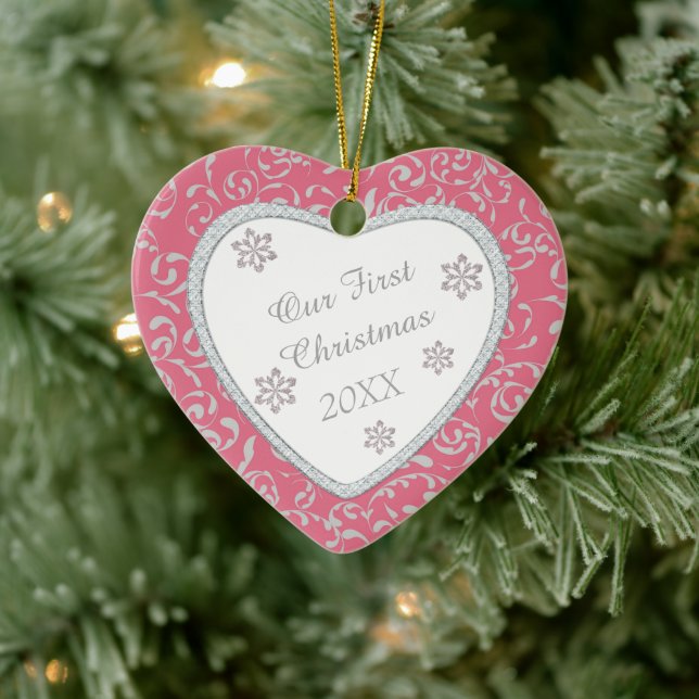 Pink Damask Faux Diamond First Christmas Ceramic Tree Decoration (Tree)