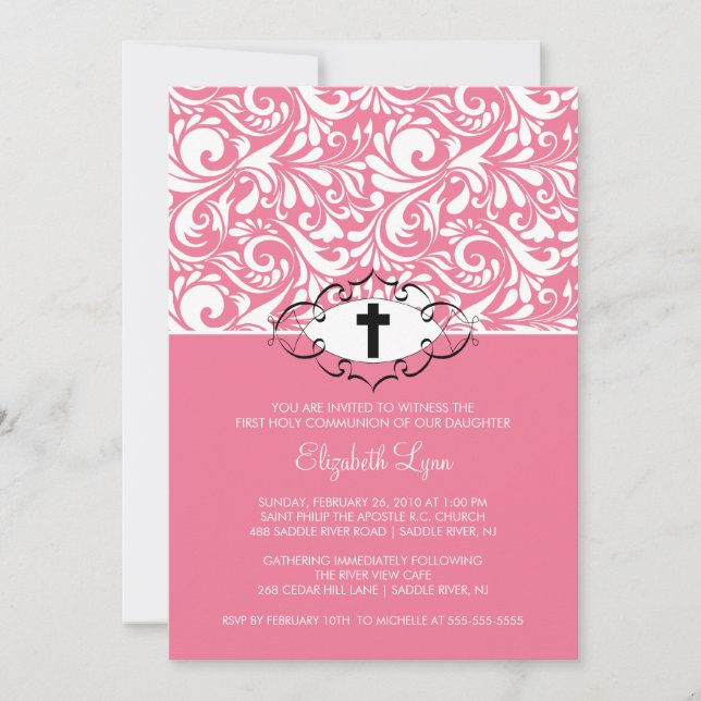 Pink Damask First Communion Inviation Invitation (Front)