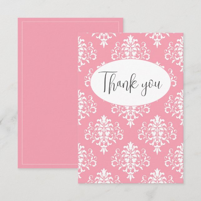 Pink Damask Flat Thank You Card (Front/Back)