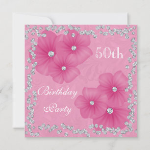 Pink Damask & Flowers 50th Birthday Invitation