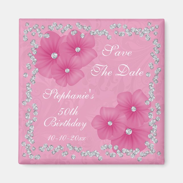 Pink Damask & Flowers 50th Birthday Magnet (Front)