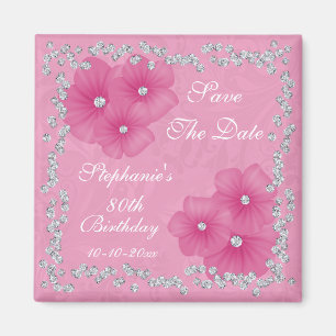 Pink Damask & Flowers 80th Birthday Magnet