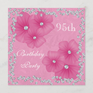 Pink Damask & Flowers 95th Birthday Invitation