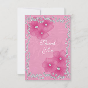 Pink Damask & Flowers Thank You Card