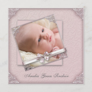 Pink Damask Girl Photo Birth Announcement