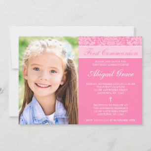 Pink Damask Girl Photo First Communion Invitation