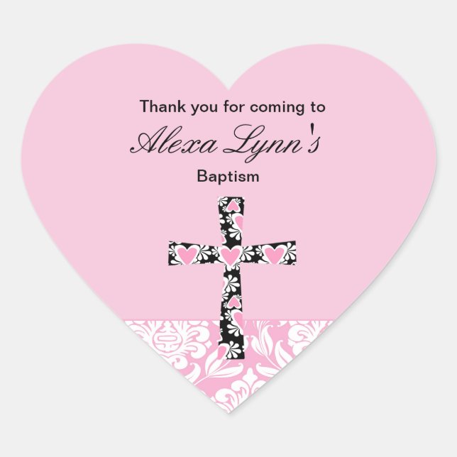 Pink Damask Girls BaptismThank You sticker (Front)