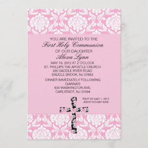 Pink Damask Girls Communion Invitation