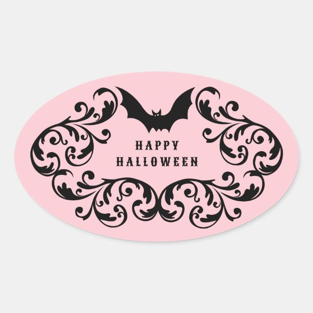 Pink Damask Glam Bats and Spider Happy Halloween Oval Sticker (Front)