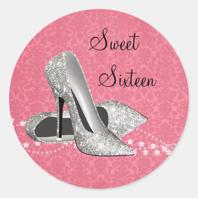Pink Damask Glitter High Heel Shoes Stickers (Front)