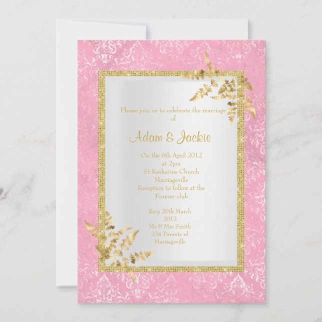 PINK DAMASK GOLD LEAF ELEGANT CLASSY WEDDING INVITATION (Front)