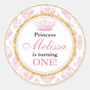 Pink Damask Gold Princess 1st Birthday Stickers