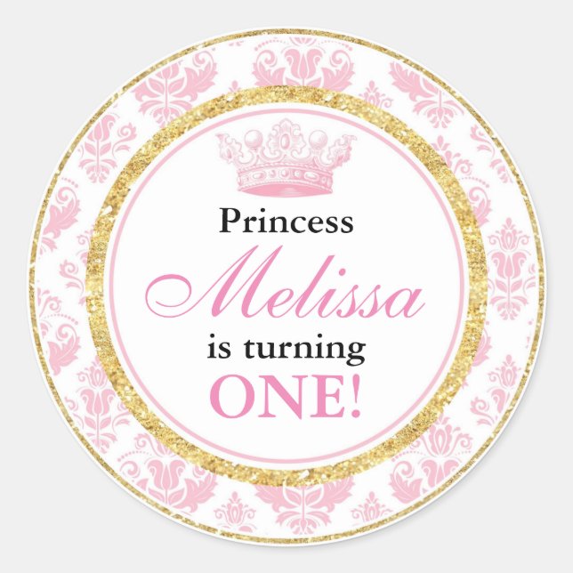 Pink Damask Gold Princess 1st Birthday Stickers (Front)