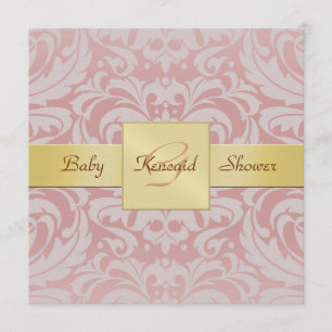 Pink Damask Gold Ribbon Baby Shower Invitation