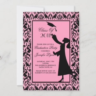 Pink Damask Graduation Invitation Silhouette Grad