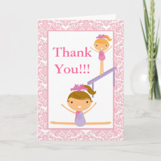 Pink Damask Gymnast Birthday Party Thank You Card