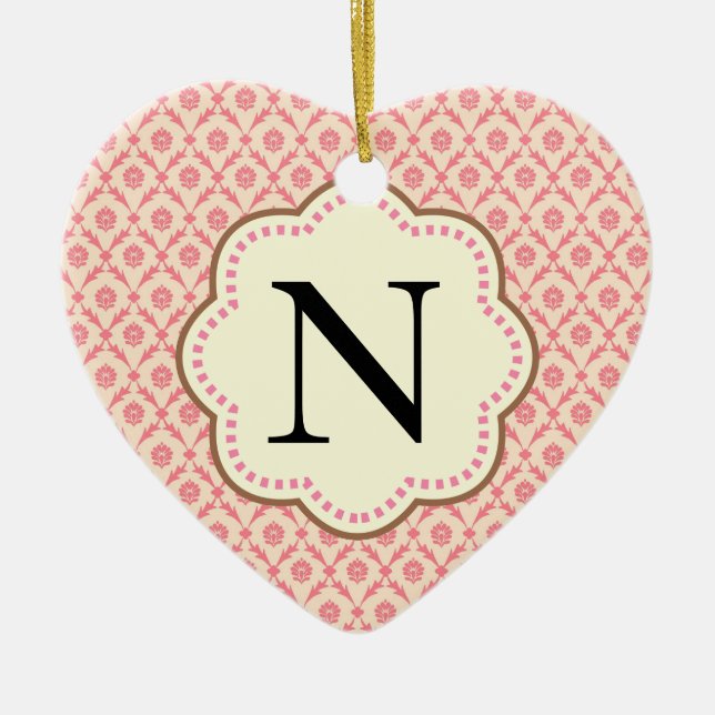Pink Damask Heart Ceramic Tree Decoration (Front)