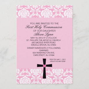 Pink Damask Heart Communion Invitation