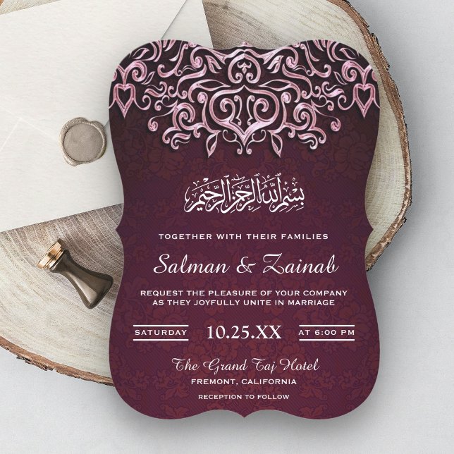 Pink Damask Islamic Muslim Wedding Invitation (Creator Uploaded)