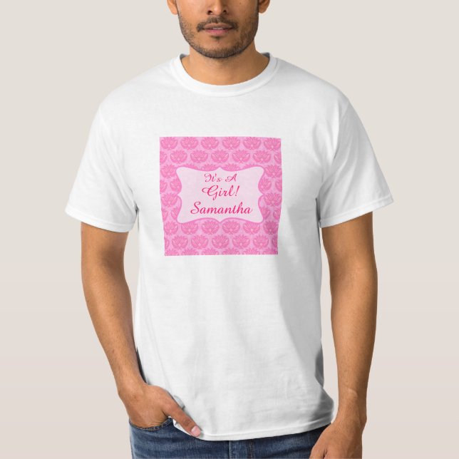 Pink Damask It's A Girl Name Personalised Dad's T-Shirt (Front)