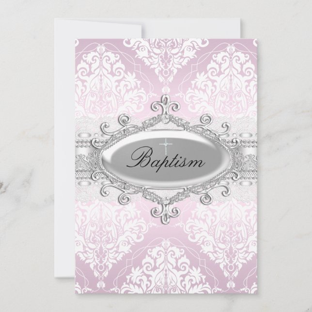 Pink Damask & Jewel Cross Baptism Invitation (Front)