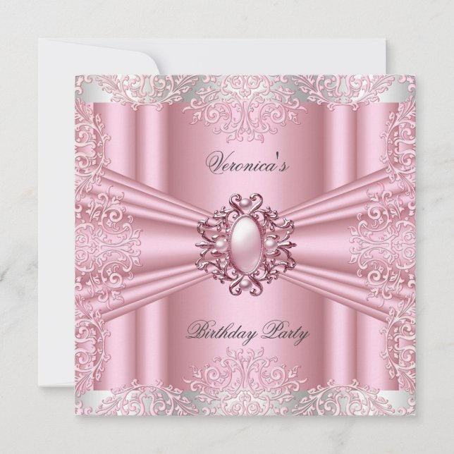 Pink Damask Lace Pearl Diamond Birthday Party Invitation (Front)