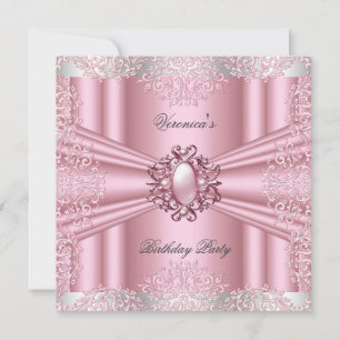 Pink Damask Lace Pearl Diamond Birthday Party Invitation
