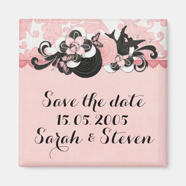 Pink Damask Love Bird Save the date Magnet (Front)