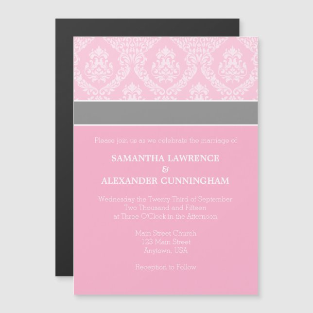 Pink Damask Magnetic Wedding Invitation (Front/Back)