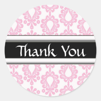 Pink Damask Matching Thank You Stickers